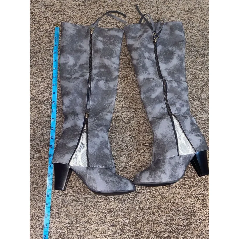 Women's Gray Faux Suede-Look Knee Boots with Side Zipper